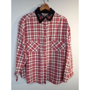 Crossroads Red Plaid Shirt Velvet Collar Rose Embroidered Size Large Western